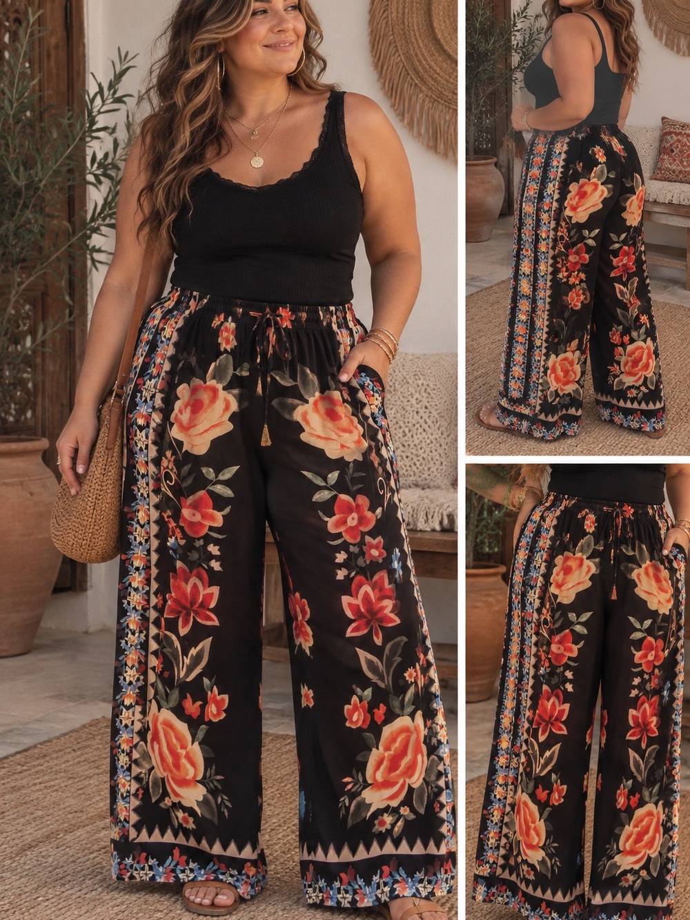 Floral Wide-Leg Palazzo Pants - Black with Red & Peach Flowers
